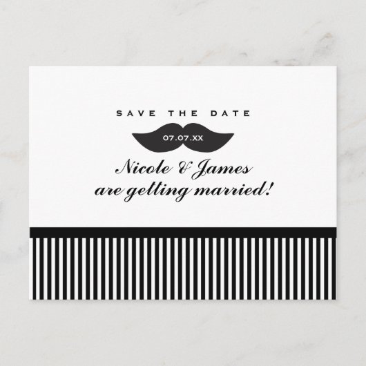 Mustache Zwart & Wit Save The Date Briefkaart (Voorkant)