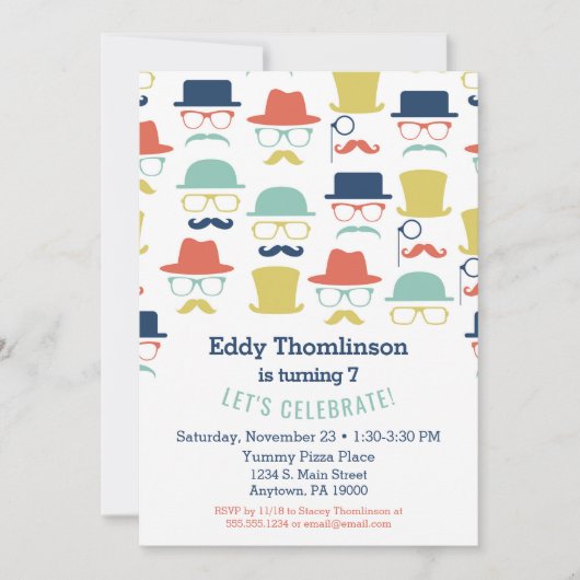 Mustaches Petten Verjaardaguitnodiging Hip Mannen  Kaart (Voorkant)