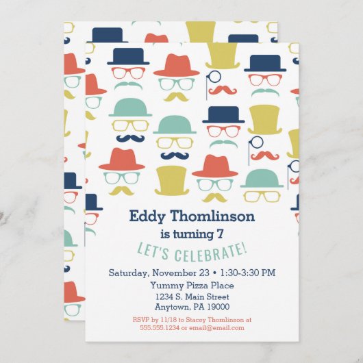 Mustaches Petten Verjaardaguitnodiging Hip Mannen  Kaart (Voorkant / Achterkant)