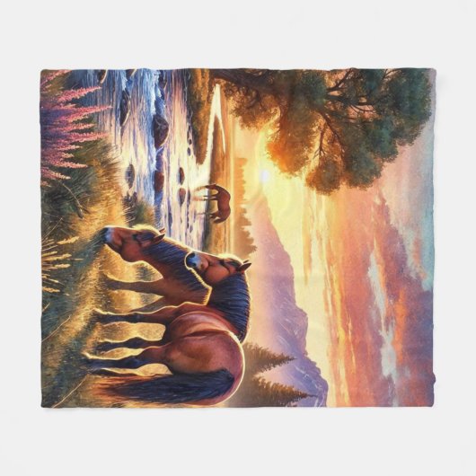 Mustang Horse Grazing by Stream bij zonsondergang Fleece Deken (Voorkant (Horizontaal))