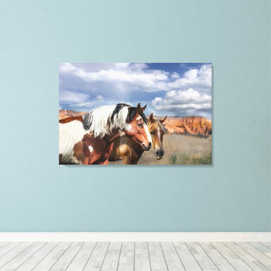 Mustang paarden in het wild, hengst en zijn merrie canvas afdruk (Insitu (Houten vloer))