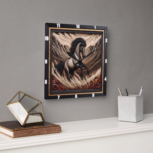 Mustang Range Paard springen in een bergholte Vierkante Klok (Kantoor)