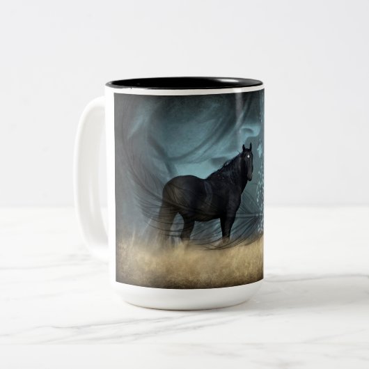 Mustang Wild Black Stallion en Cloud BeverageMug Tweekleurige Koffiemok (Voorkant links)
