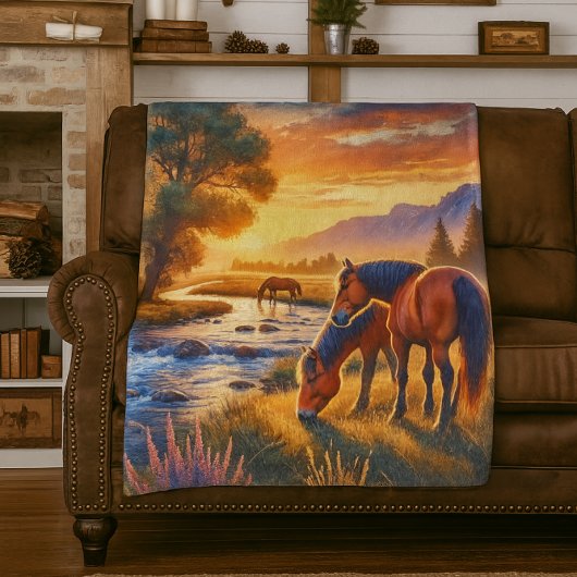 Mustangpaard dat bij zonsondergang graast bij een  fleece deken
