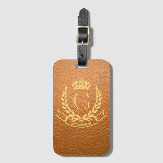 Mustard Brown Mock Leather met Monogram Crest Bagagelabel (Voorkant (verticaal))