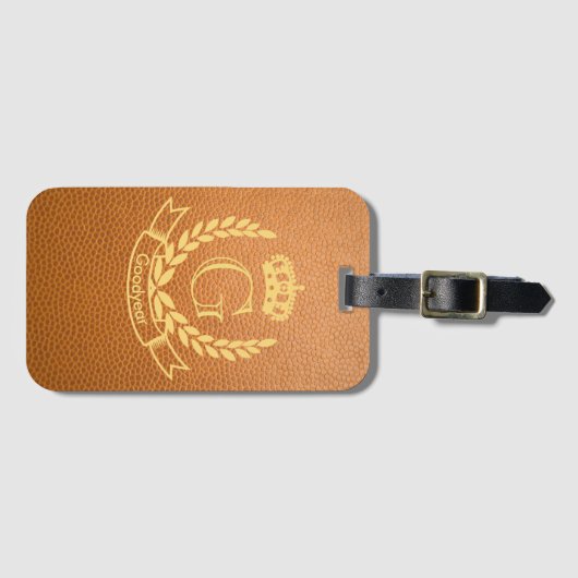 Mustard Brown Mock Leather met Monogram Crest Bagagelabel (Voorkant (horizontaal))