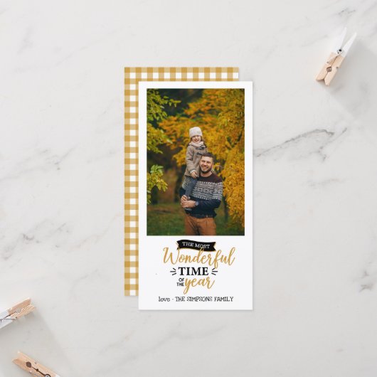 Mustard Gingham Holiday Foto Kaart (Voorkant / Achterkant in situ)