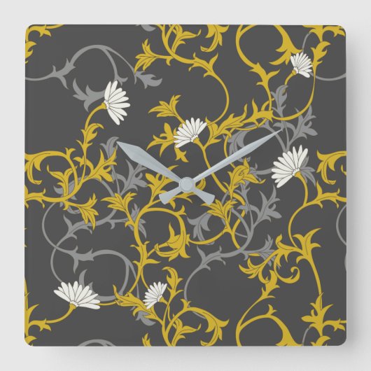 Mustard Gray Floral Vierkante Klok (Voorkant)