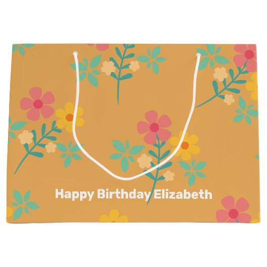 Mustard Retro Daisy Bouquet Pattern Gepersonalisee Groot Cadeauzakje (Voorkant)