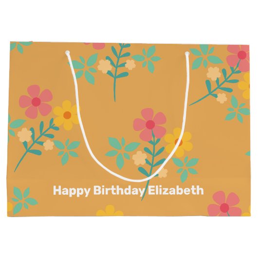 Mustard Retro Daisy Bouquet Pattern Gepersonalisee Groot Cadeauzakje (Achterkant)