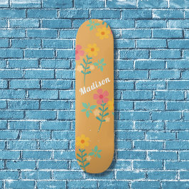 Mustard Retro Daisy Bouquet Pattern Skateboard
