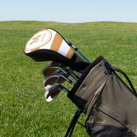 Mustard strepen Golf | monogram met gepersonalisee Golfheadcover (Insitu)