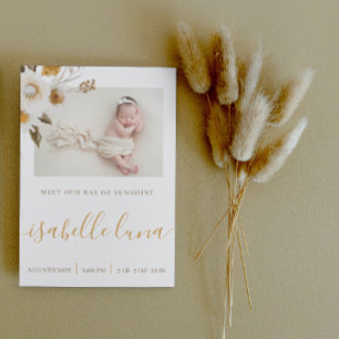 Mustard Waterverf Floral Birth Announements Kaart