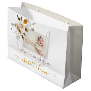 Mustard Waterverf Floral Newborn Gift Bag Groot Cadeauzakje