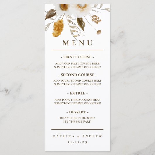 Mustard Waterverf Floral Weddenschap Menu (Voorkant)