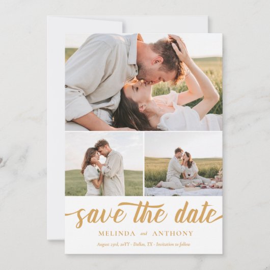 Mustard White Elegant Bold Script Photo Collage Save The Date (Voorkant)