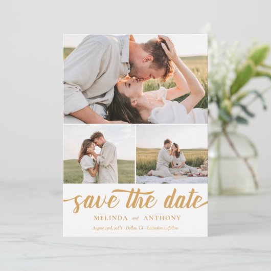 Mustard White Elegant Bold Script Photo Collage Save The Date (Staand voorkant)