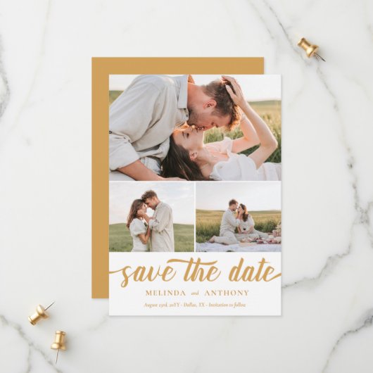 Mustard White Elegant Bold Script Photo Collage Save The Date (Voorkant / Achterkant in situ)