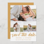 Mustard White Elegant Bold Script Photo Collage Save The Date (Voorkant / Achterkant)