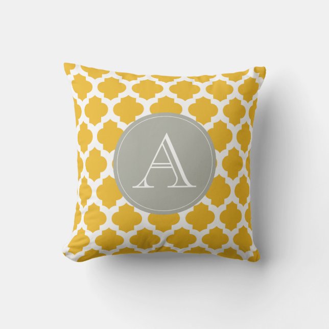 Mustard & White Moroccan Pattern Gray Monogram Kussen (Voorkant)