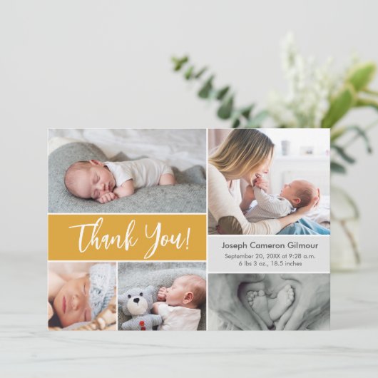 Mustard Yellow Baby Photo collage baby shower Bedankkaart (Staand voorkant)