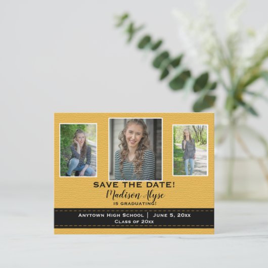 Mustard Yellow Black 3 Photo Afstudeerder Save Dat Aankondigingskaart (Staand voorkant)