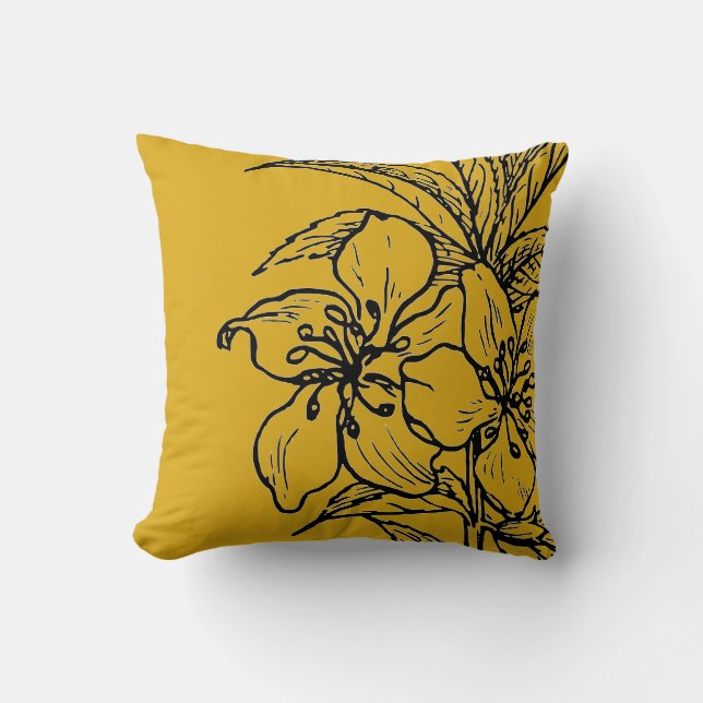Mustard Yellow & Black Botanical | Plant van amand Kussen (Voorkant)