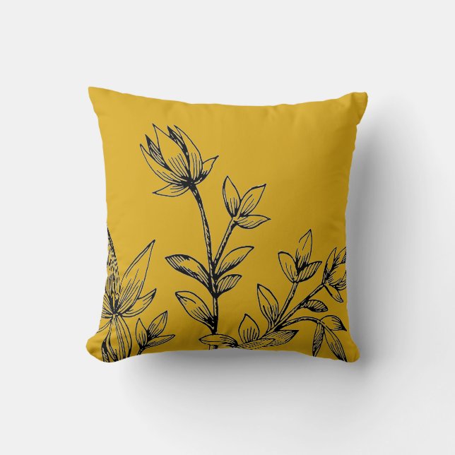 Mustard Yellow & Black Botanical | Rhatany Kussen (Voorkant)