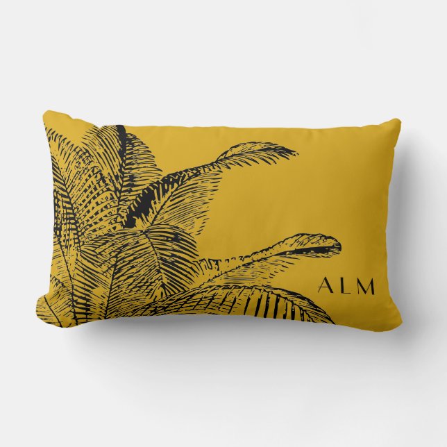 Mustard Yellow & Black Palm Leaf | Monogrammen Kussen (Voorkant)