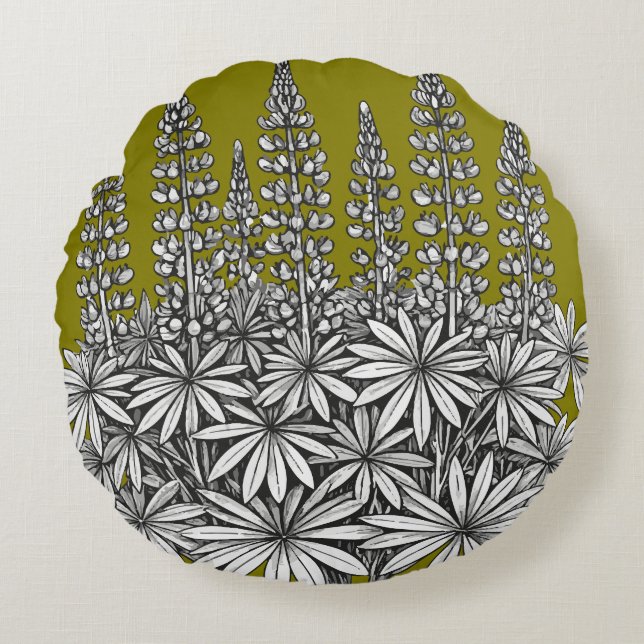  Mustard Yellow Botanical Lupine Round Pillow Rond Kussen (Voorkant)