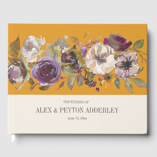 Mustard Yellow Cream Paars Floral Wedding Gastenboek (Voorkant)
