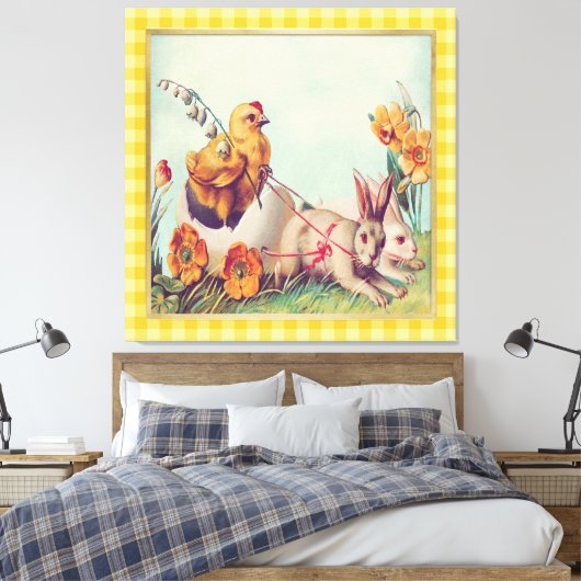  Mustard Yellow Easter Bunny & Chick Art Canvas Afdruk (Insitu (Slaapkamer))