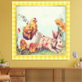 Mustard Yellow Easter Bunny & Chick Art Canvas Afdruk (Insitu (Woonkamer))