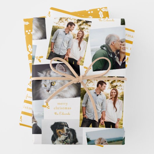 Mustard Yellow en White Modern Holly Sprig Inpakpapier Vel (In situ)