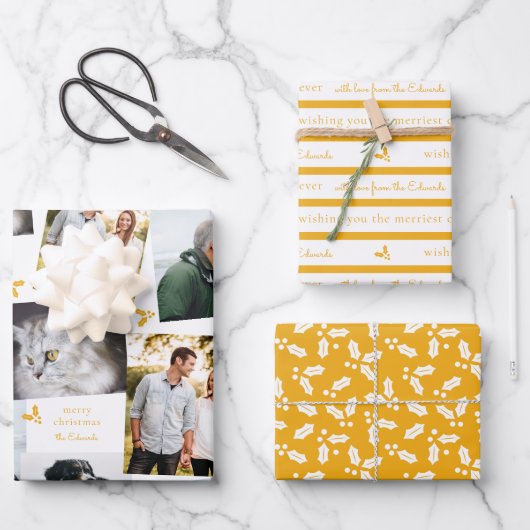 Mustard Yellow en White Modern Holly Sprig Inpakpapier Vel (Voorkant)