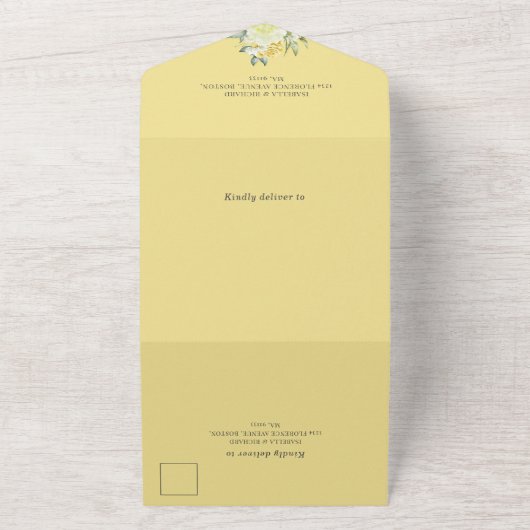 Mustard Yellow Floral | Bindende QR-code RSVP All In One Uitnodiging (Buitenkant)