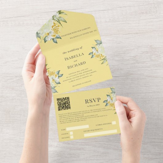 Mustard Yellow Floral | Bindende QR-code RSVP All In One Uitnodiging (Afscheurbaar)