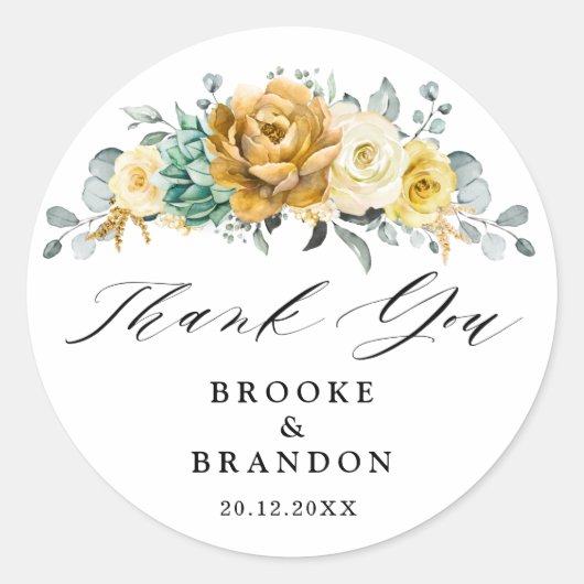 Mustard Yellow Floral Modern Weddenschap Bedankt Ronde Sticker (Voorkant)
