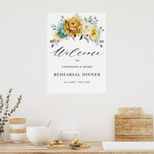 Mustard Yellow Floral Rehearsal Dinner Welcome Poster (Keuken)