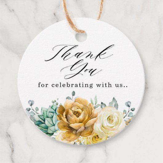 Mustard Yellow Floral Sage Greenery Modern Wedding Bedankjes Labels (Voorkant)