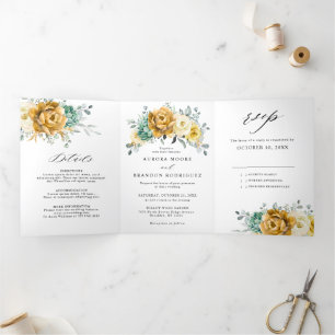 Mustard Yellow Floral Sage Greenery Modern Wedding Drieluik Aankondiging