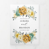 Mustard Yellow Floral Sage Greenery Modern Wedding Drieluik Aankondiging (Cover)