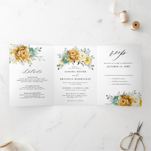 Mustard Yellow Floral Sage Greenery Modern Wedding Drieluik Aankondiging (Binnen)