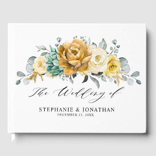 Mustard Yellow Floral Sage Greenery Modern Wedding Gastenboek (Voorkant)