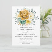 Mustard Yellow Floral Sage Greenery Modern Wedding Kaart (Staand voorkant)