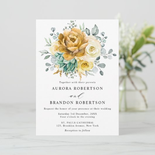Mustard Yellow Floral Sage Greenery Modern Wedding Kaart (Staand voorkant)