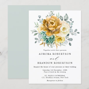 Mustard Yellow Floral Sage Greenery Modern Wedding Kaart