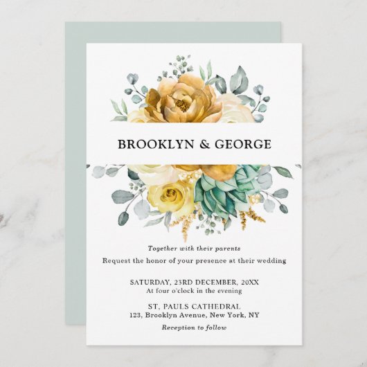Mustard Yellow Floral Sage Greenery Modern Wedding Kaart (Voorkant / Achterkant)