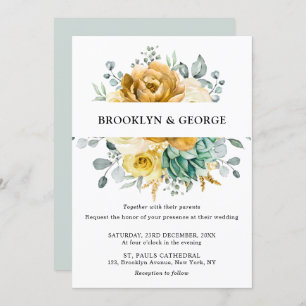 Mustard Yellow Floral Sage Greenery Modern Wedding Kaart