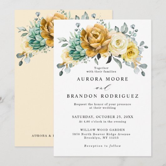 Mustard Yellow Floral Sage Greenery Modern Wedding Kaart (Voorkant / Achterkant)